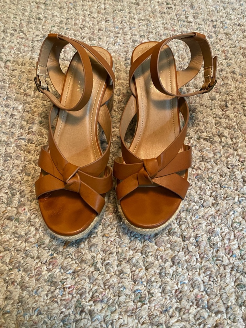 Nicole Miller Cognac Knot Front Wedge Sandals